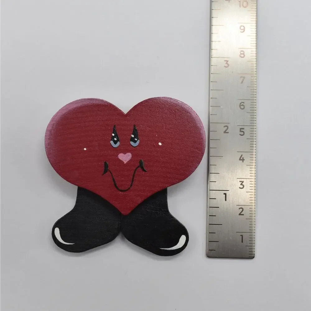 Vintage 90s Wooden Painted Smiling Heart w/ Feet Brooch Pin Cottagecore Kitsch